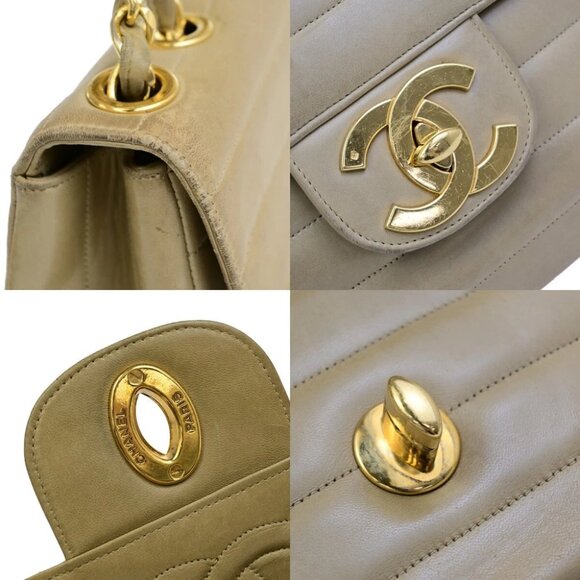 CHANEL CC Horizontal Stitch 30 Chain Shoulder Bag Leather Beige Vintage - Picture 8 of 16